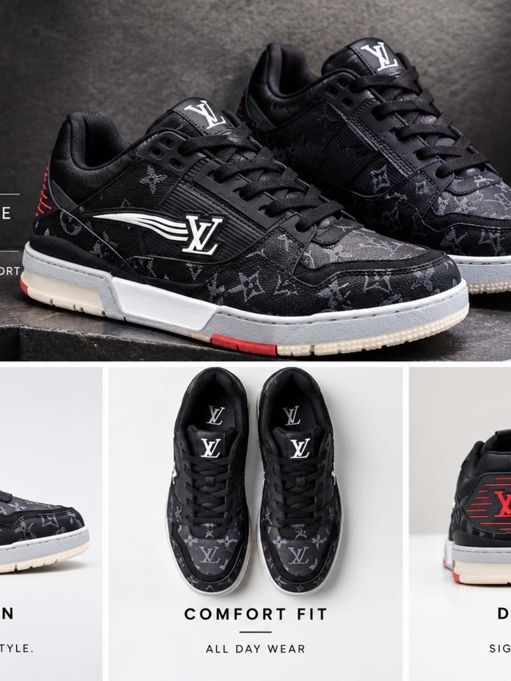 Louis Vuitton Black Monogram Low-Top Sneakers with White & Red Accents
